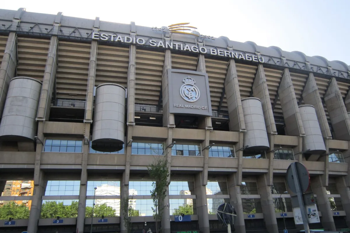Exterior view of the Santiago Bernabéu stadium facade in Madrid